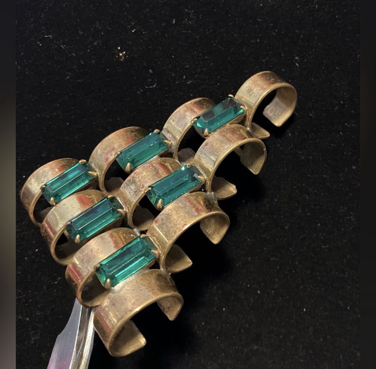 Vintage Vtg Large Mid Century Modern Gold Tone Green Glass Brooch Size ONE SIZE - 2 Thumbnail