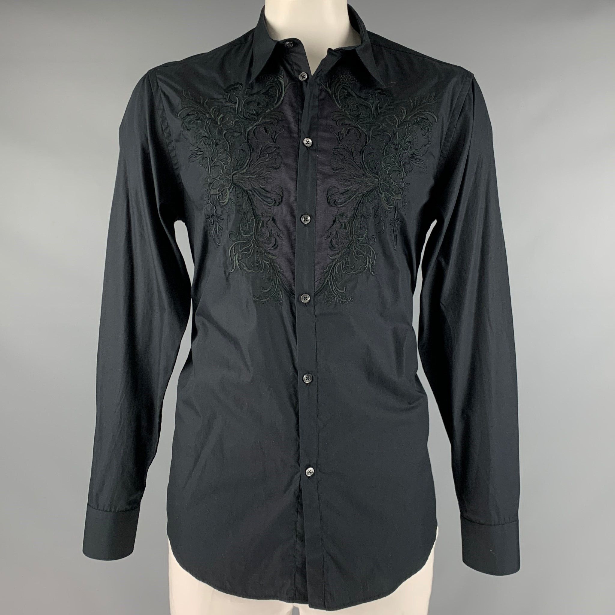 image of Gianfranco Ferre Black Embroidery Cotton Button Up Long Sleeve Shirt, Men's (Size Large)