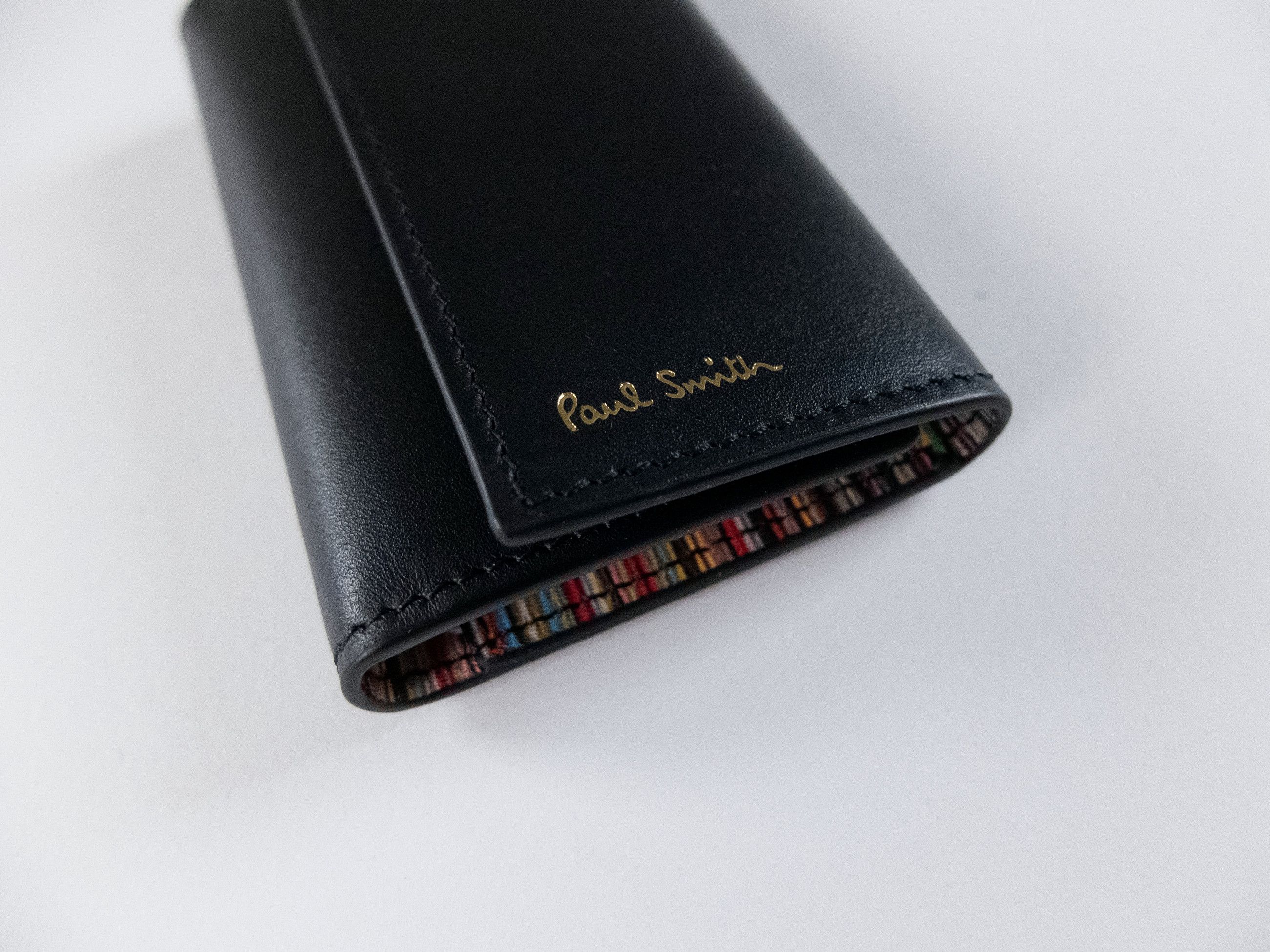 ポール・スミス STRIPE POINT KEY CASE PAUL SMITH black leather key holder with stripe interior