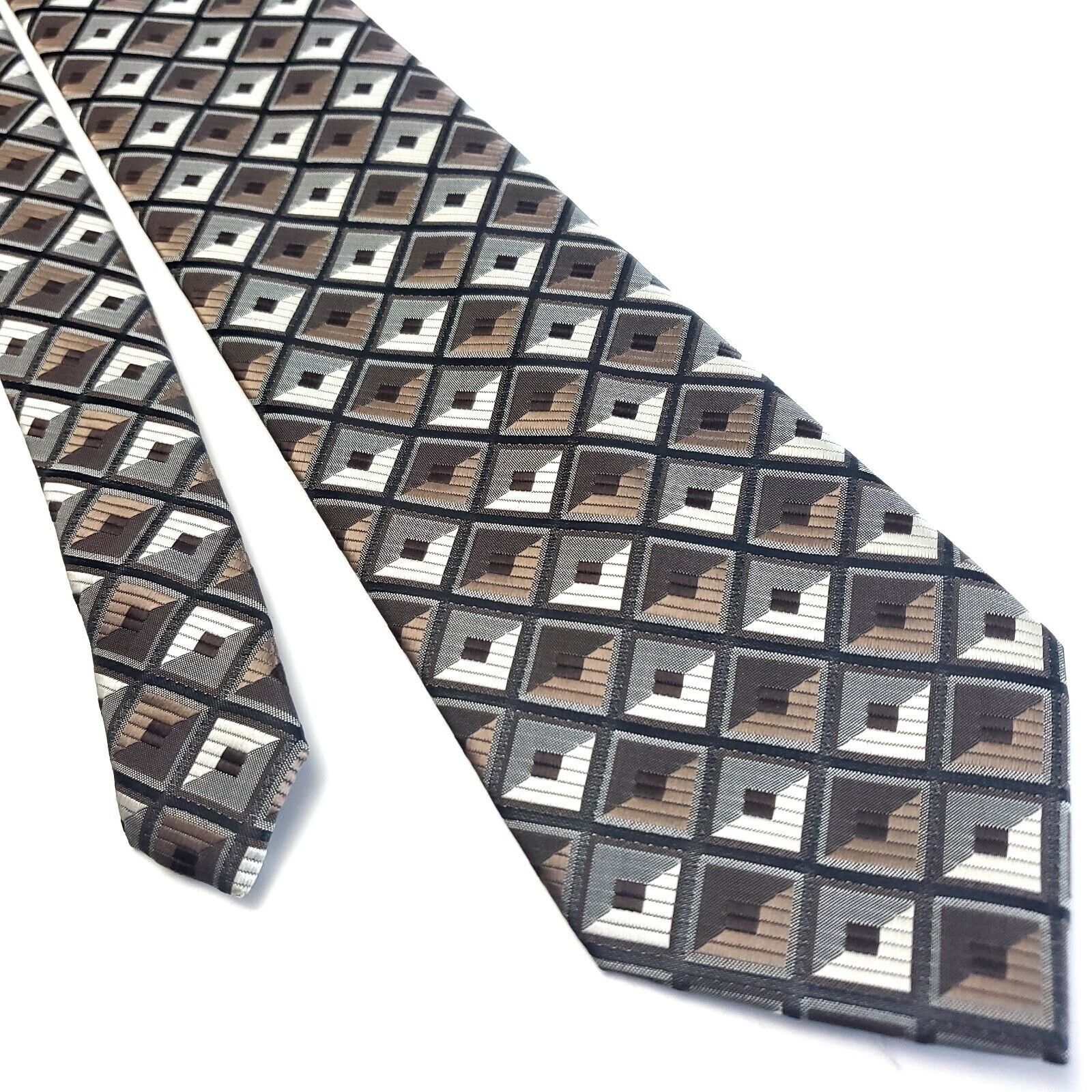 Stafford Stafford Essentials Brown White Silk Tie Woven Geometric Size ONE SIZE - 1 Thumbnail