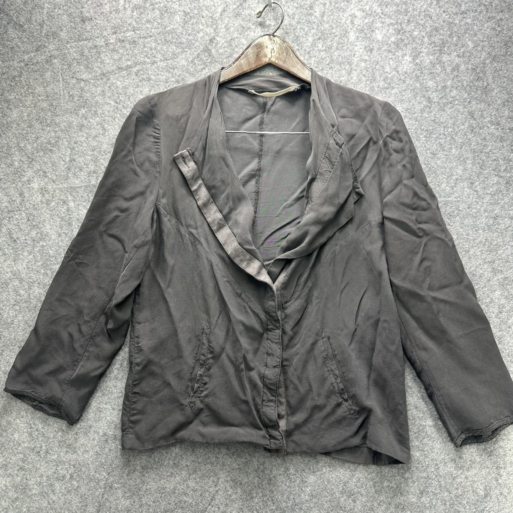 Vintage HUMANOID Blazer Jacket Womens M Gray Twill Viscose Cupro Draped Collar, Short, Single-Breasted, Pockets, Basic Jacket Size M / US 6-8 / IT 42-44 - 2 Thumbnail