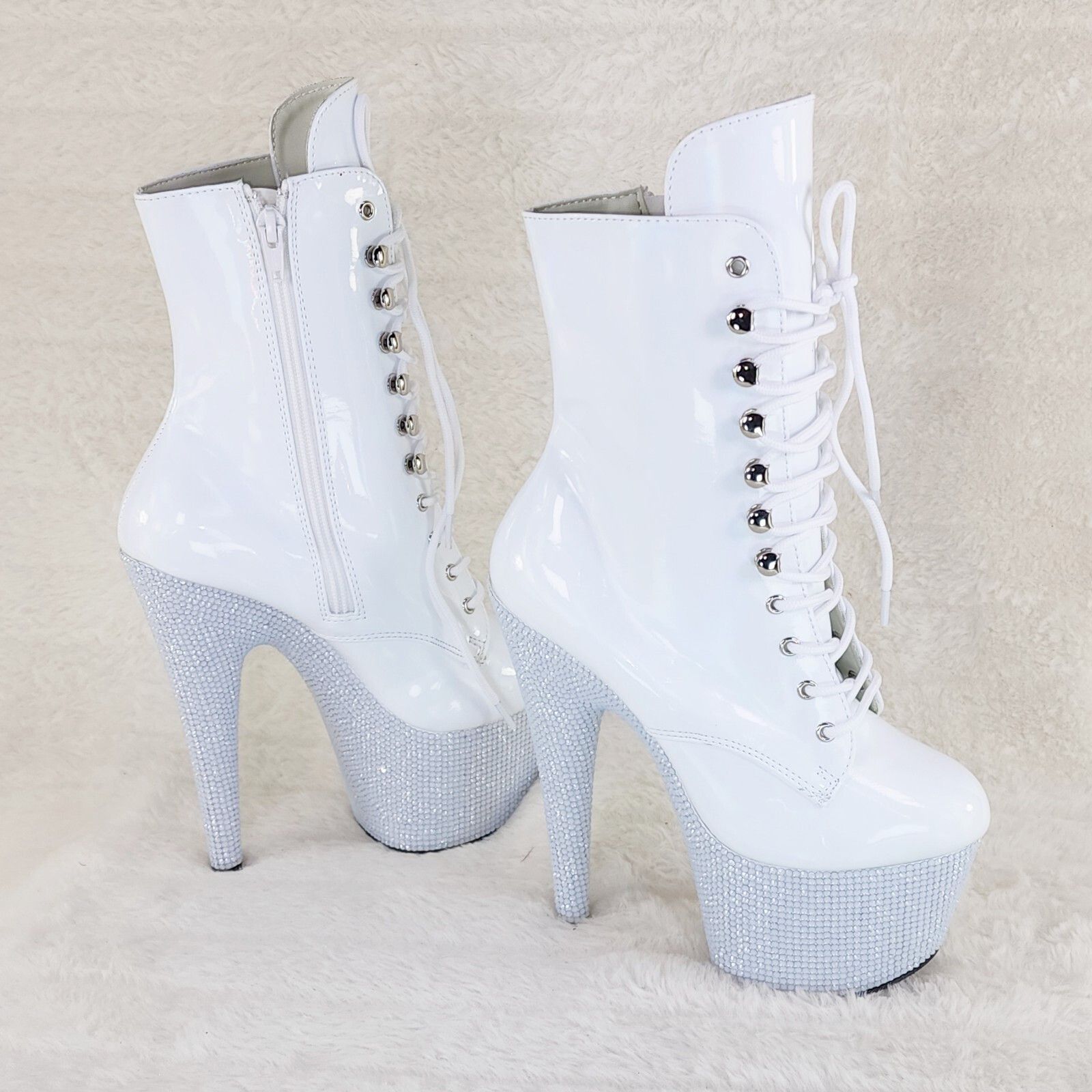 Other Bejeweled White Rhinestone Platform Lace Up Ankle Boots 7" H Size US 6 / IT 36 - 1 Thumbnail