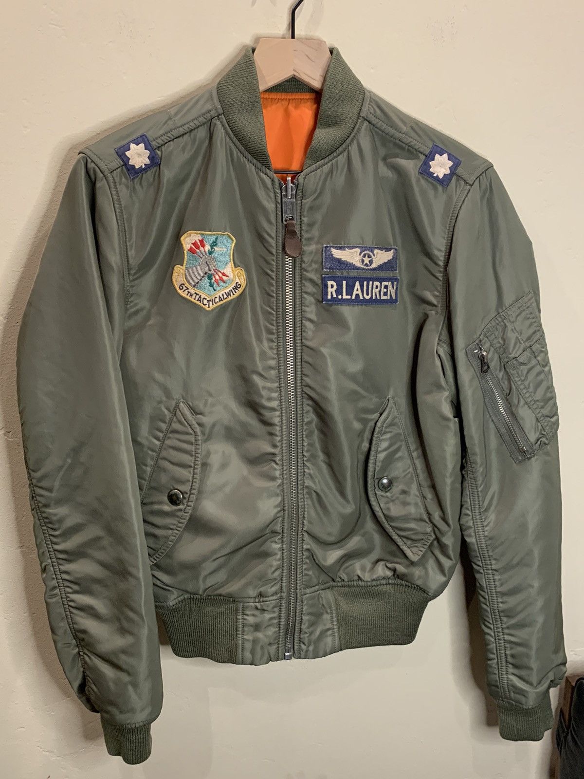 image of Polo Ralph Laurent Reversible Patch Bomber Jacket - Xs in Army Green, Men's