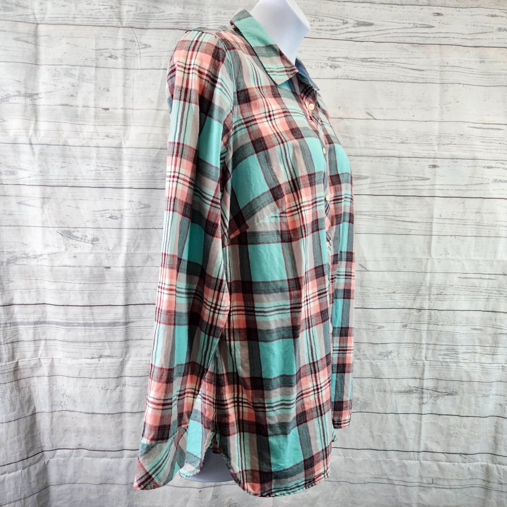 Talbots Talbots Shirt Womens 1X Pink Aqua Plaid Long Sleeve Cotton Button Front Size XL / US 12-14 / IT 48-50 - 3 Thumbnail