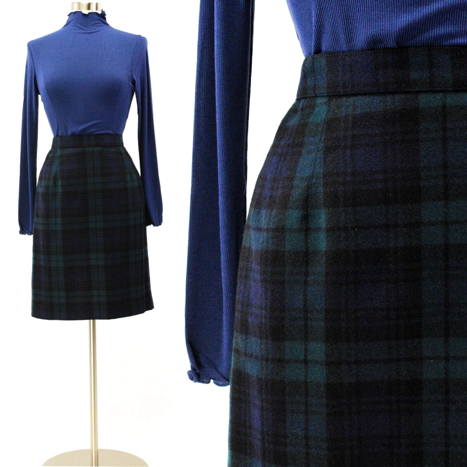 image of 80's Vintage Giorgio San' Angelo Plaid Wool Skirt Size 8 Green Black Bluegre in White, Women's