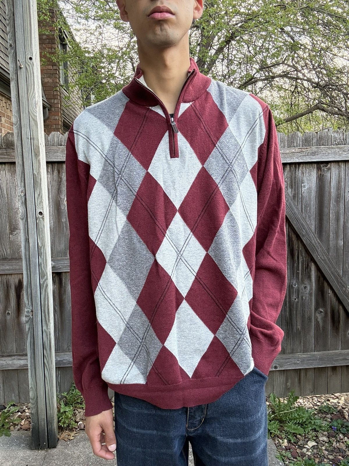 Tasso Elba Maroon Symmetrical Argyle Cotton Quarter Zip Sweater Size US XL / EU 56 / 4 - 2 Thumbnail