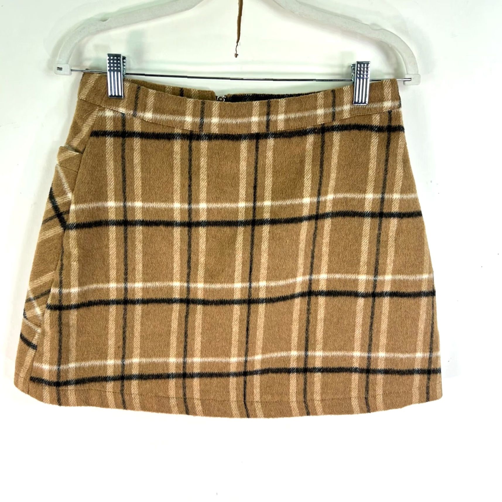 Vintage HYFVE Wool Pockets Plaid Zip Front Mini Skirt Women M Brown 28" Plaid Zip Pockets 90s Boho Hipster Vintage? Size 32" / US 10 / IT 46 - 2 Thumbnail
