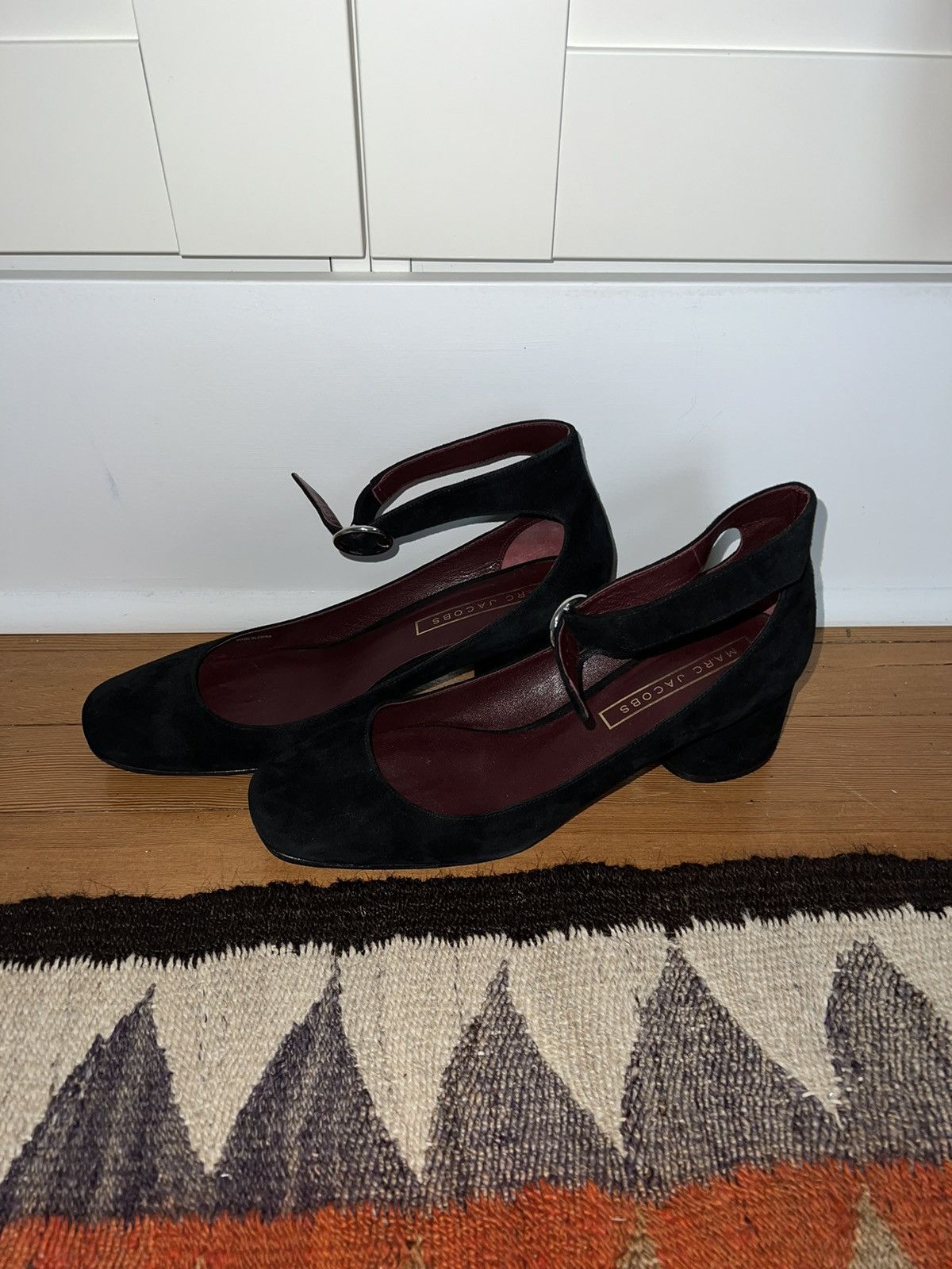 image of Marc Jacobs Black Suede Marc Jacob’S Round Stacked Heel Shoes With Ankle Strap, Women's (Size 11)