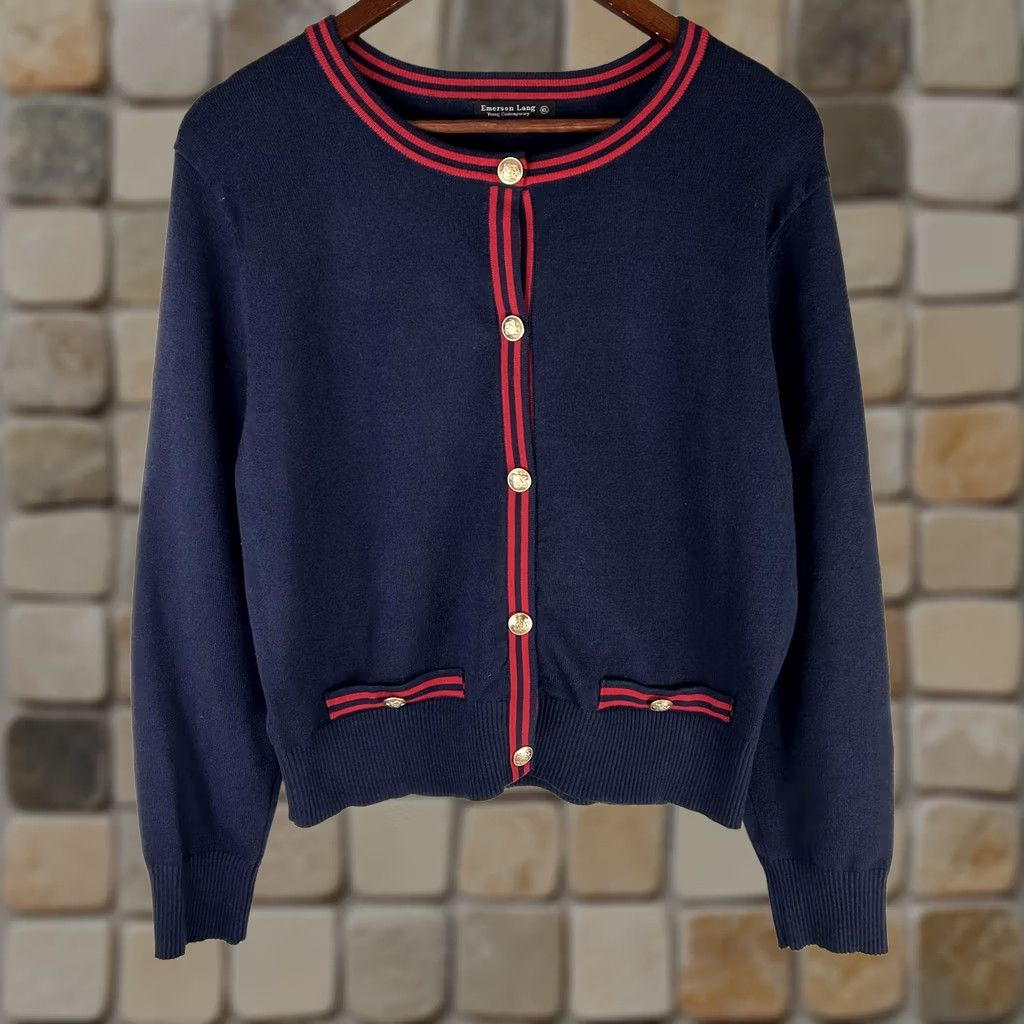 Vintage Emerson Lang Cardigan Sweater Womens XL Navy Crew Neck Stripe Trim Gold Button Size XL / US 12-14 / IT 48-50 - 1 Thumbnail