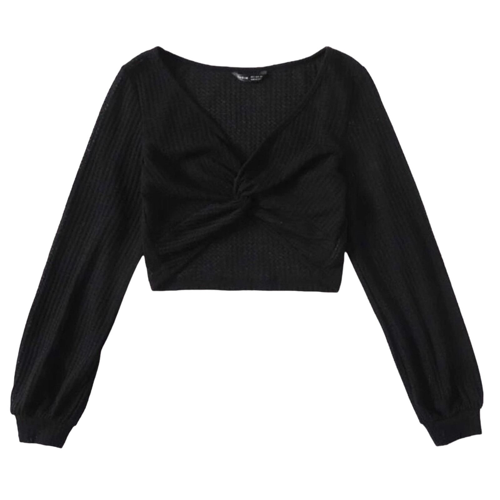 Other Boutique Boho Black Waffle Knit Twist Crop Top Long Sleeve L Size L / US 10 / IT 46 - 2 Thumbnail
