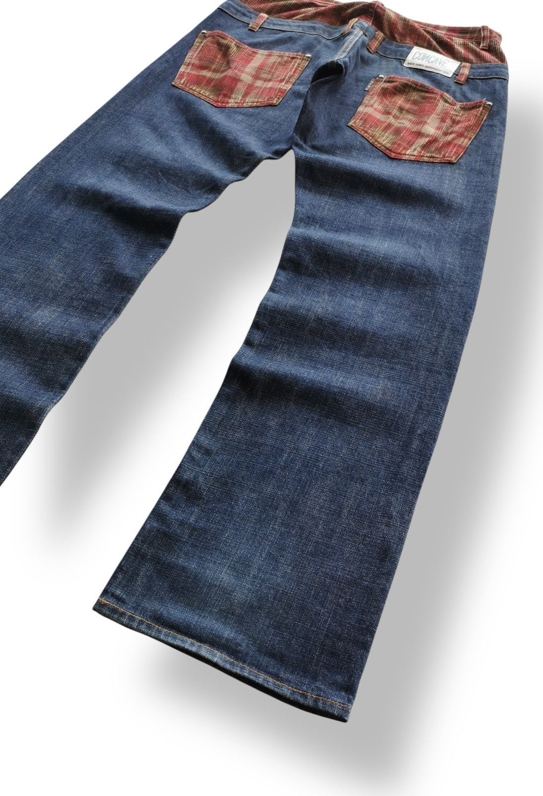 Kapital Concave Attempt Patchwork Jeans – Red Plaid Pocket Y2K Denim Size US 33 - 2 Thumbnail