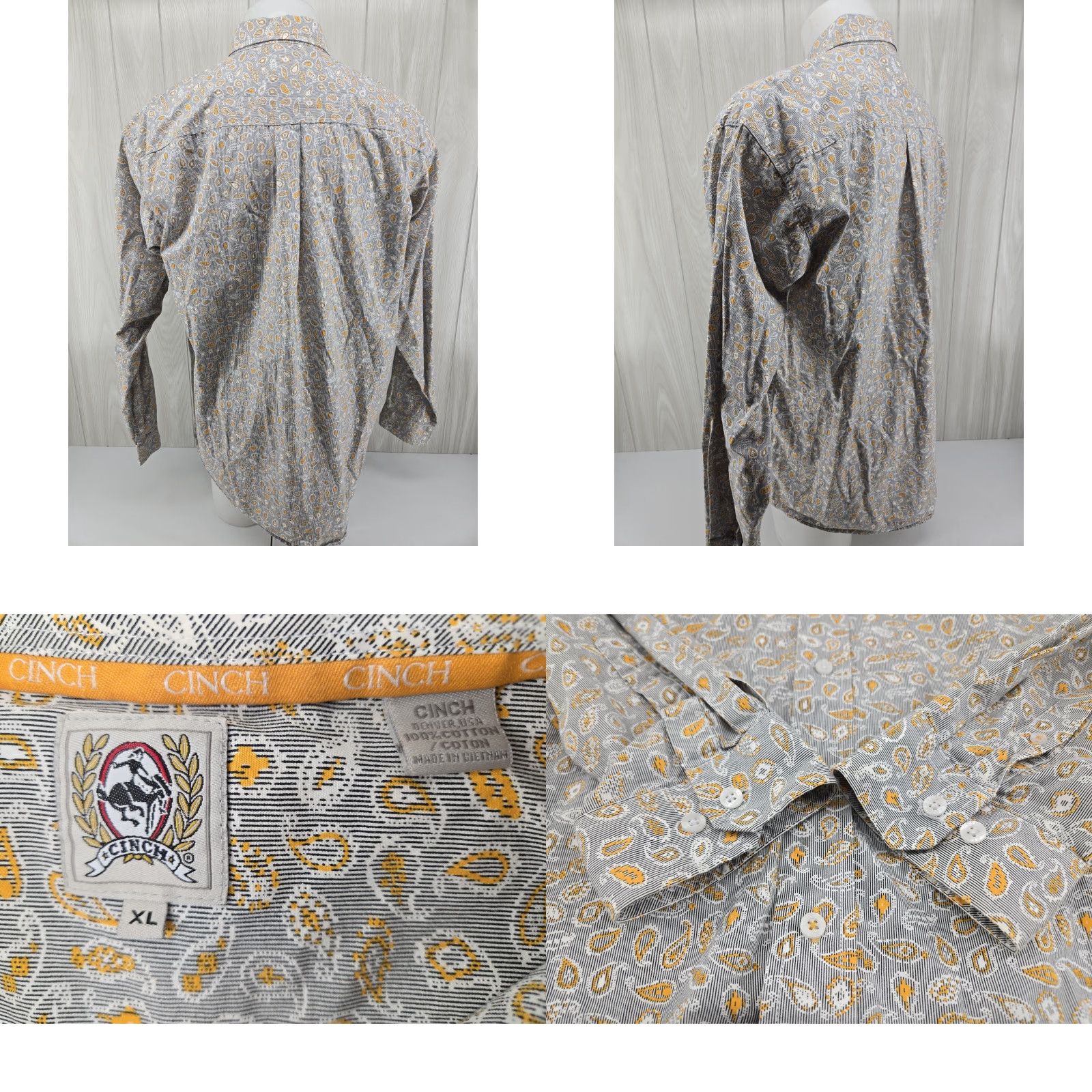 Vintage Cinch Long Sleeve Button Up Shirt Mens XL Gray Orange 100% Cotton Geometric Pattern Button-Down Collar Pockets Size US XL / EU 56 / 4 - 8 Thumbnail