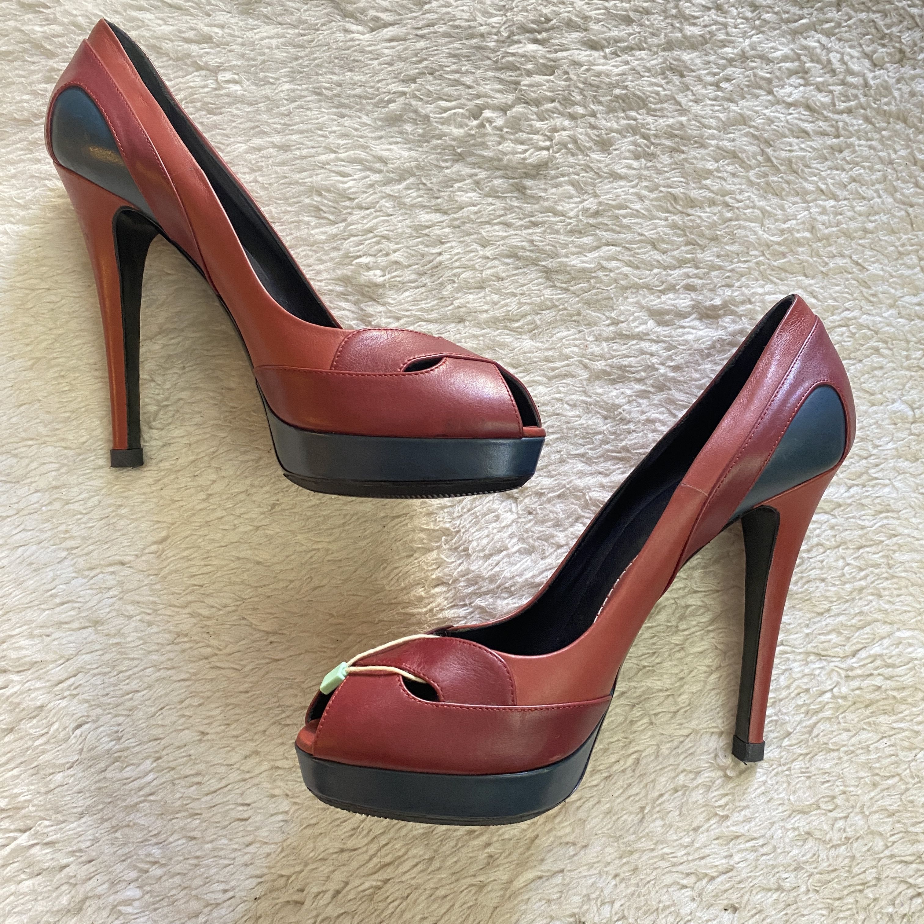 Kenzo KENZO Burgundy & Blue Leather Open Toe Heels Size US 9 / IT 39 - 10 Thumbnail