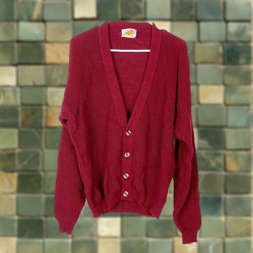 Vintage VINTAGE Poplar Burgundy V-Neck Grandpa Knit Cardigan XL Long Sleeve Red Grunge 1980s USA Mens Size US XL / EU 56 / 4 - 1 Thumbnail