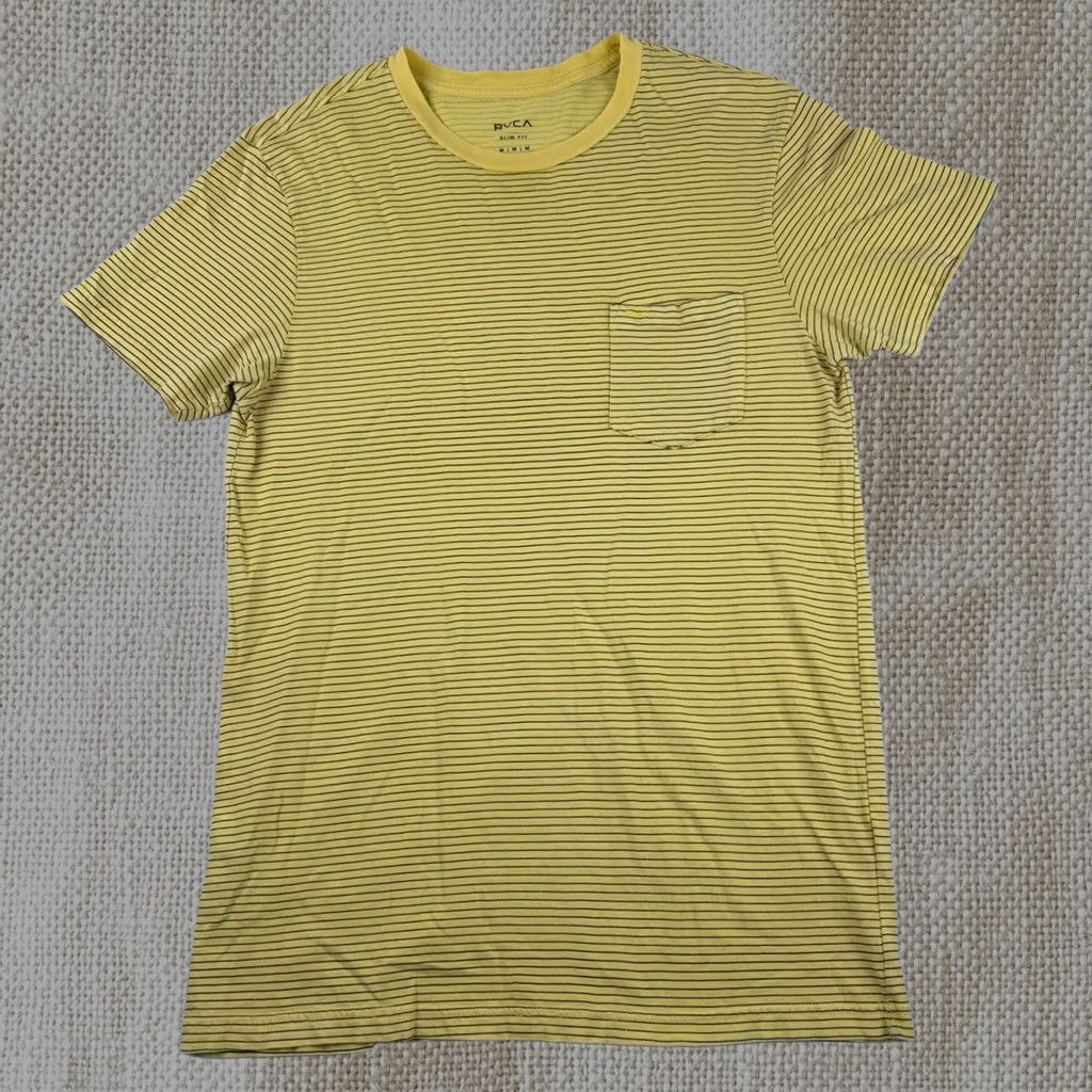 Rvca Shirt Mens Medium Yellow Striped Short Sleeve Crewneck Pocket Slim Fit, Men's (Size 31)
