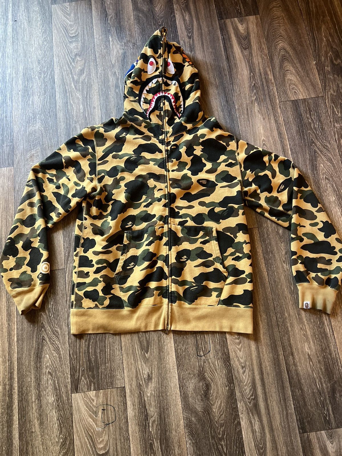 Image of Bape 1St Camo Shark Full Zip Hoodie in Yellow, Men's (Size 2XL)