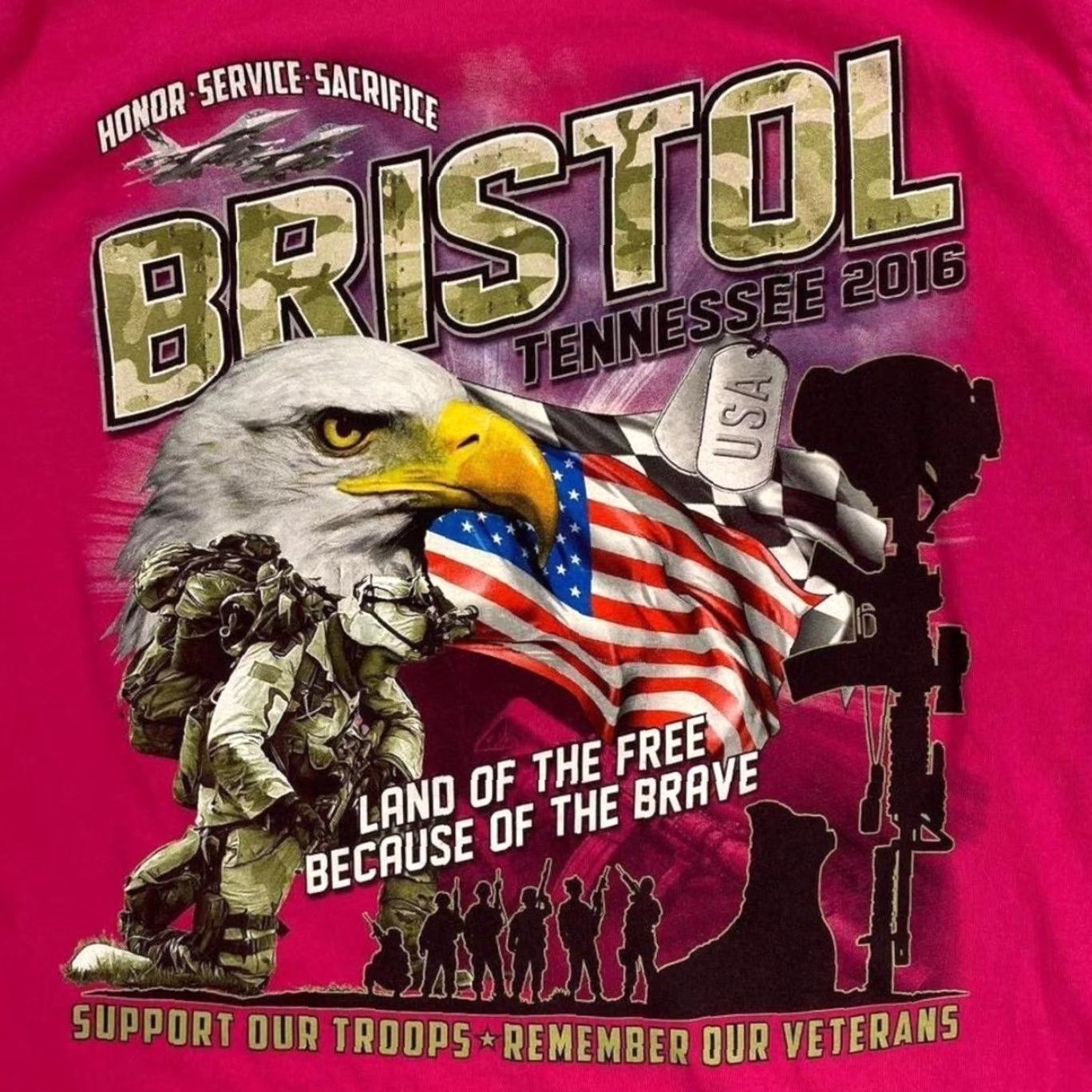 Gildan Bristol Tennessee “Support Our Troops” Military Army Pink Graphic T-Shirt Medium Men Short Sleeve Round Neck Cotton Graphic print front back 90s? Size US M / EU 48-50 / 2 - 4 Thumbnail