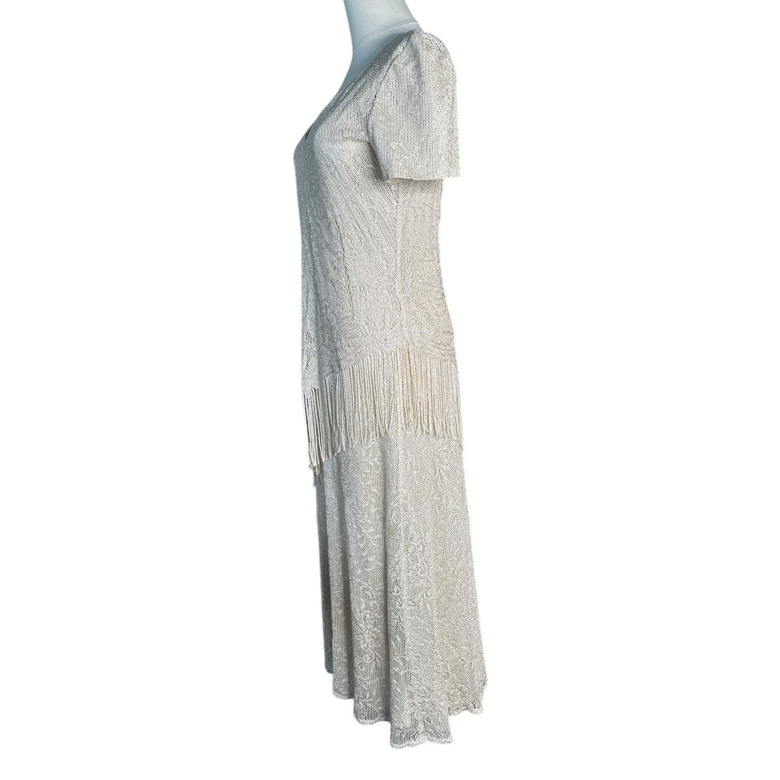 Other Vtg SL Fashions Cream Gold Sparkly Formal Dress w/ Fringe 6 Size M / US 6-8 / IT 42-44 - 5 Thumbnail