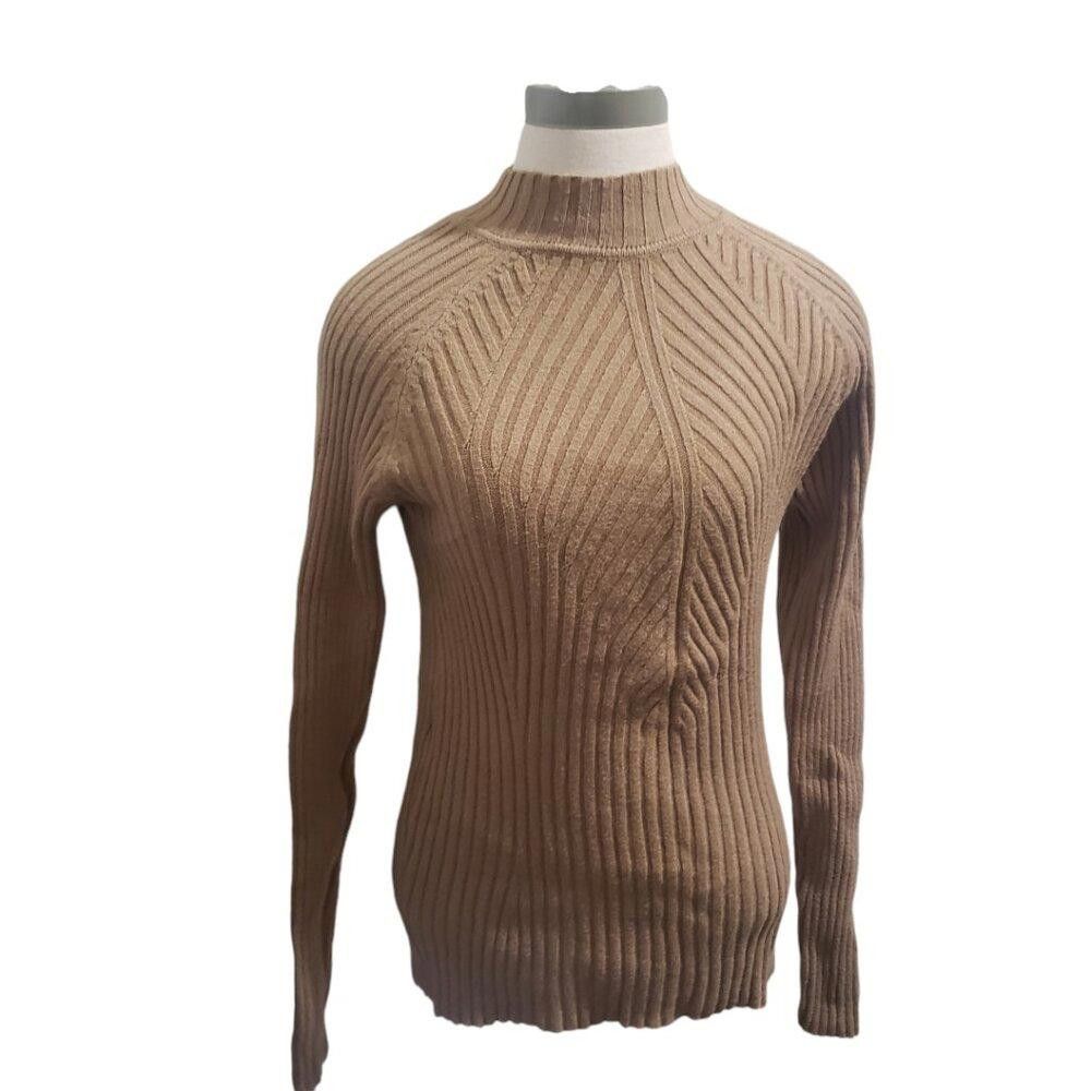 Designer Tan Mock Neck Ribbed Long Sleeve Sweater M Size M / US 6-8 / IT 42-44 - 1 Thumbnail