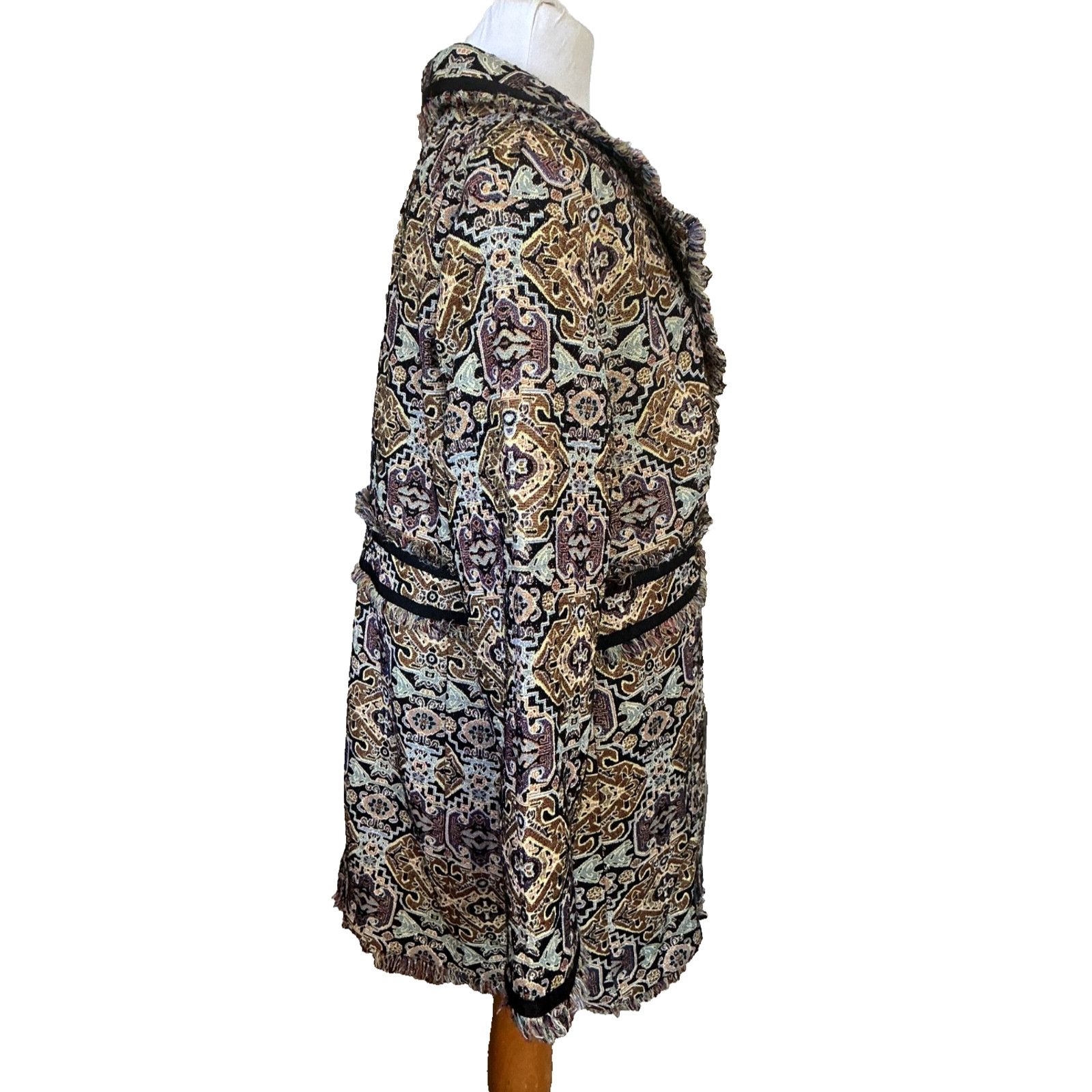 Chicos CHICO'S GOLD METALLIC JACQUARD BROCADE FRAYED HEM MIDI COAT Size XL / US 12-14 / IT 48-50 - 7 Thumbnail