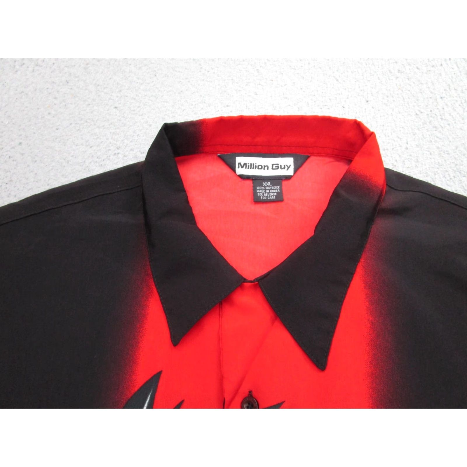 Vintage Million Guy Shirt 2XL Black Red Button Up Allover Print Short Sleeve Mens Anime Graphic Print Cartoon Button-Up Collared Front Back Oversized Size US XXL / EU 58 / 5 - 6 Thumbnail