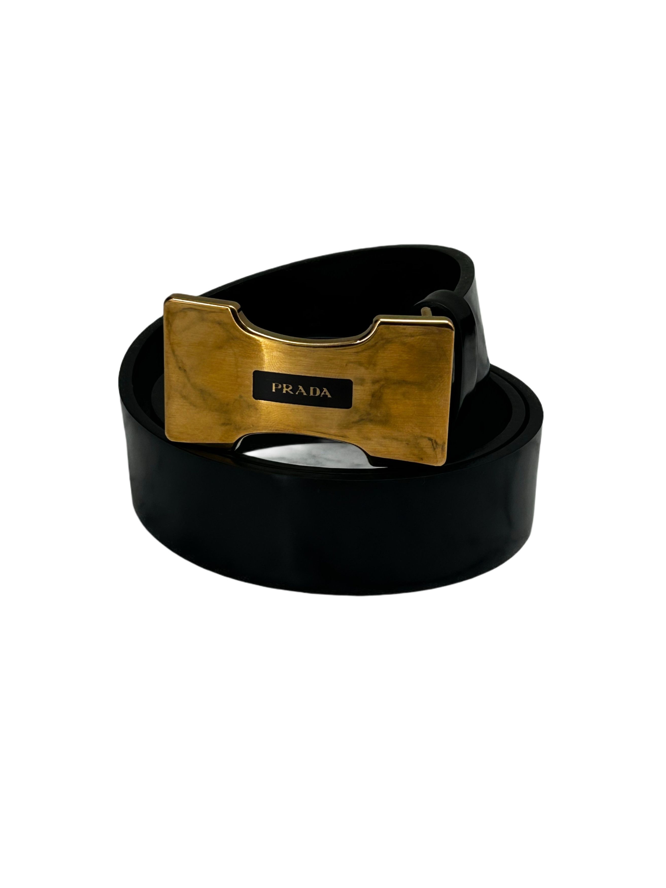 Prada Prada Black With Bronze Shield Buckle In Spazzalato Leather Size 28 - 2 Thumbnail