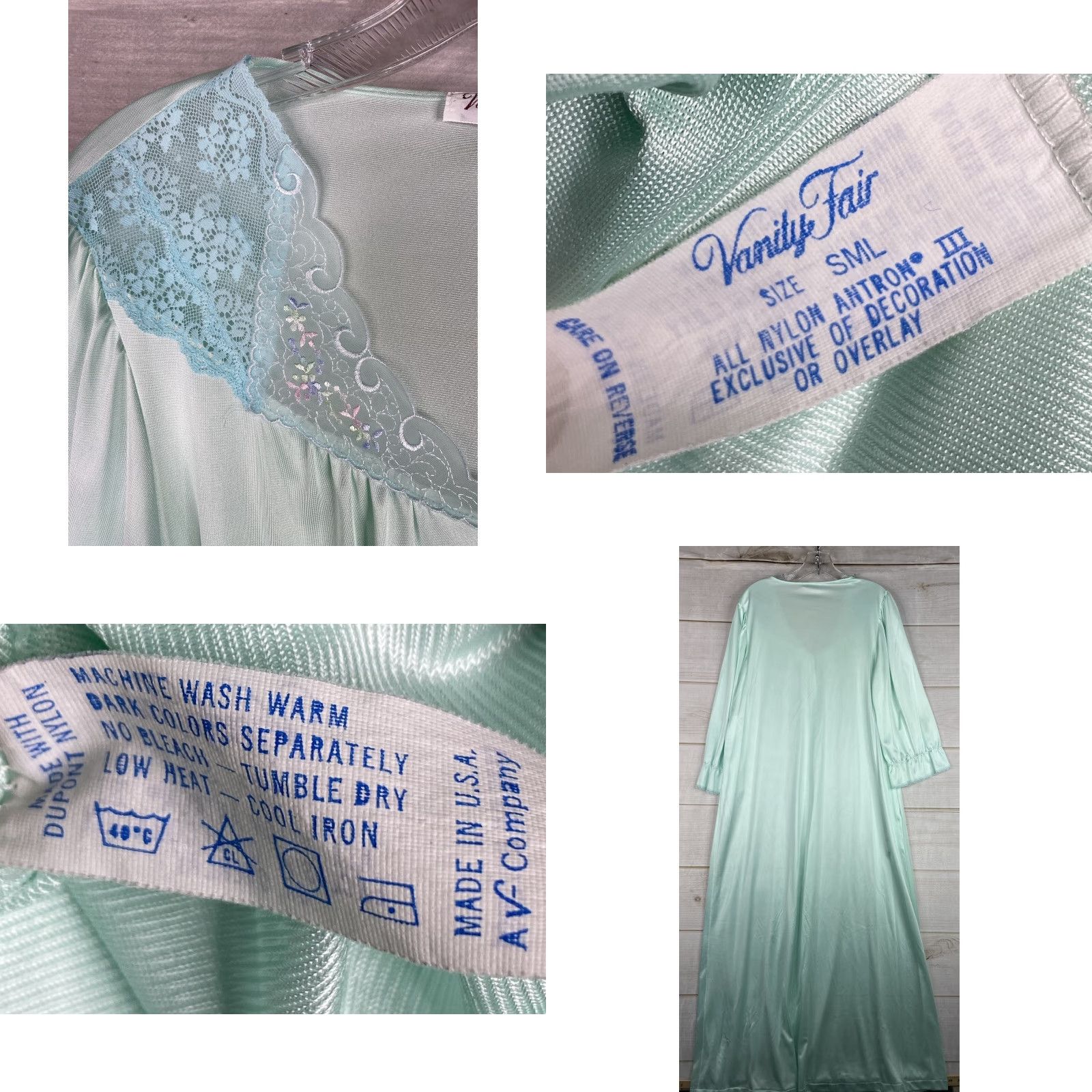 Vintage VINTAGE Vanity Fair Nightgown Womens S Green Button Up Lace Satin Pocket Long Shirt Size ONE SIZE - 8 Thumbnail