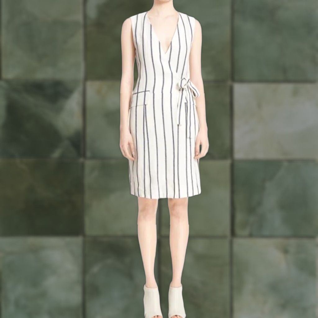 Theory Theory Dress Womens Size 10 White and Blue Linen Striped Wrap Sleeveless Knee-Length NWT Size L / US 10 / IT 46 - 1 Thumbnail