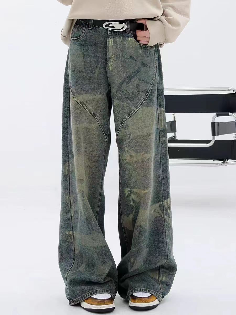 High street distressed camouflage hip hop jeans