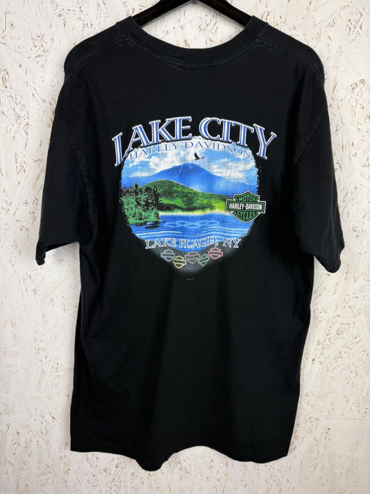 Harley Davidson 00s Vintage Harley Davidson Motorcycle Lake Placid T-Shirt Size US XL / EU 56 / 4 - 1 Thumbnail
