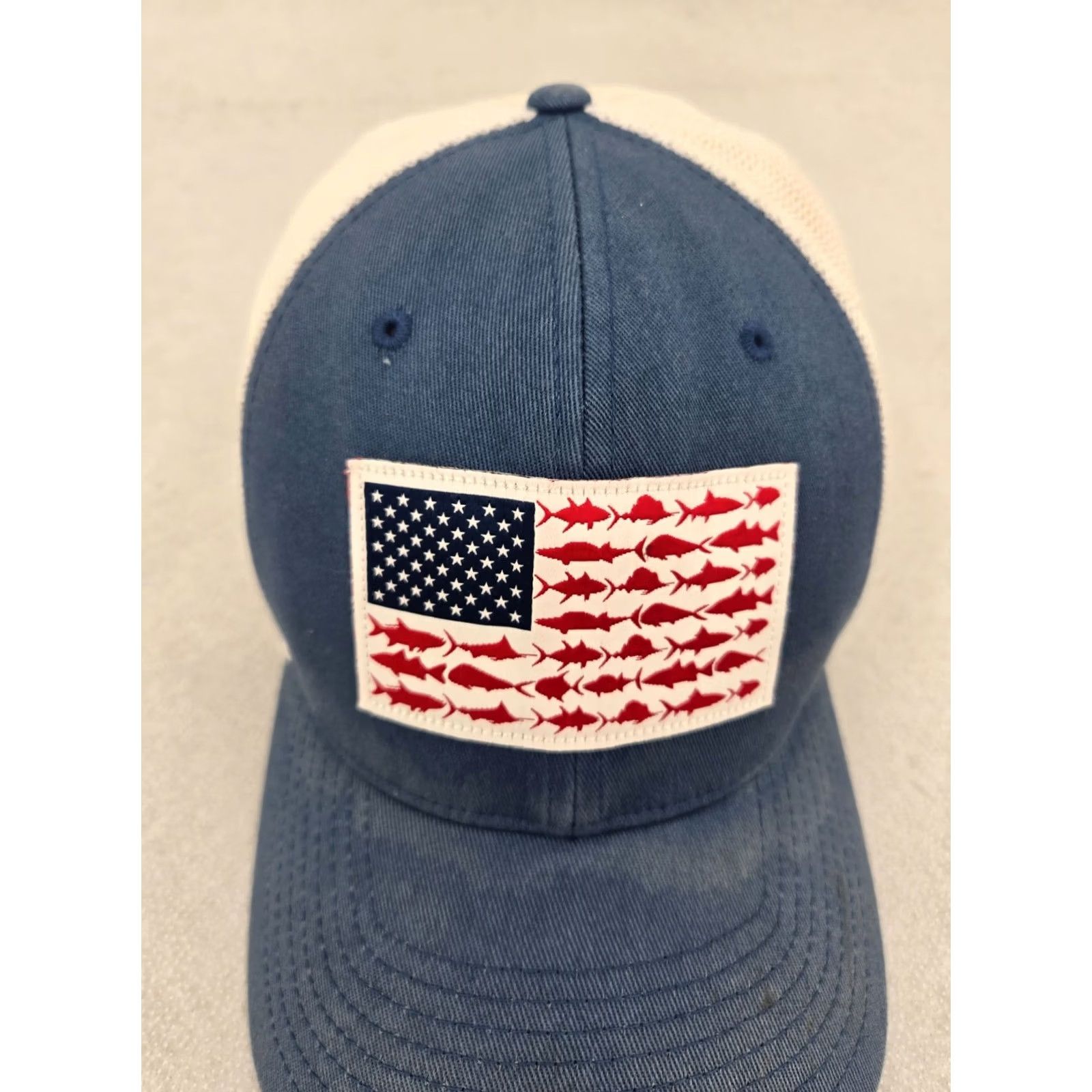 Vintage Columbia Hat Cap L/XL Blue Red Fitted Flexfit PFG Fishing USA Flag Outdoors Mens Size ONE SIZE - 3 Thumbnail