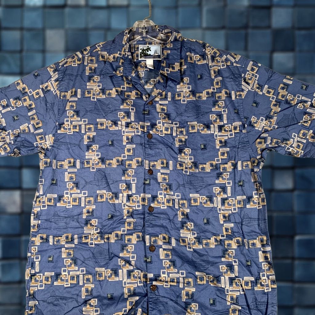 Vintage Bluewater Shirt XL Blue Geometric Fish Short Sleeve Button Front Cotton Mens Size US XL / EU 56 / 4 - 1 Thumbnail