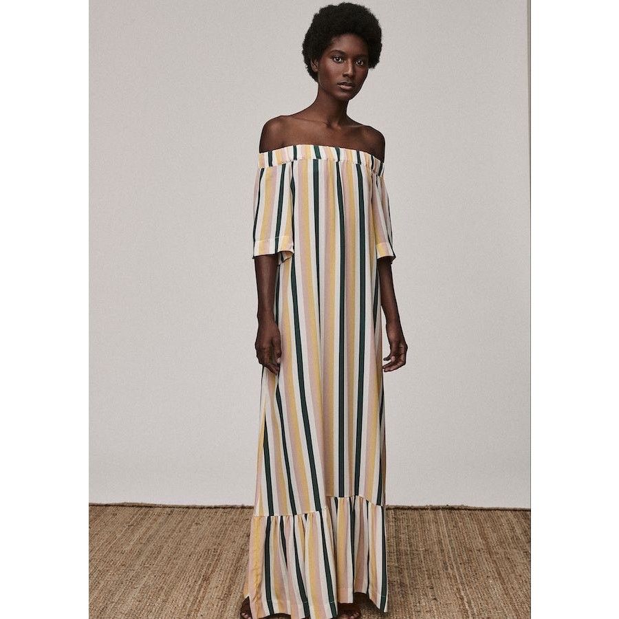 ASCENO Asceno Dress Silk Off Shoulder Striped Midi Dress S Size S / US 4 / IT 40 - 1 Thumbnail