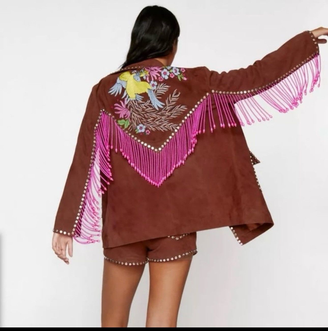 Nasty Gal Nasty Gal Womens Real Suede Embroidered Back Fringe Jacket Size M / US 6-8 / IT 42-44 - 1 Thumbnail
