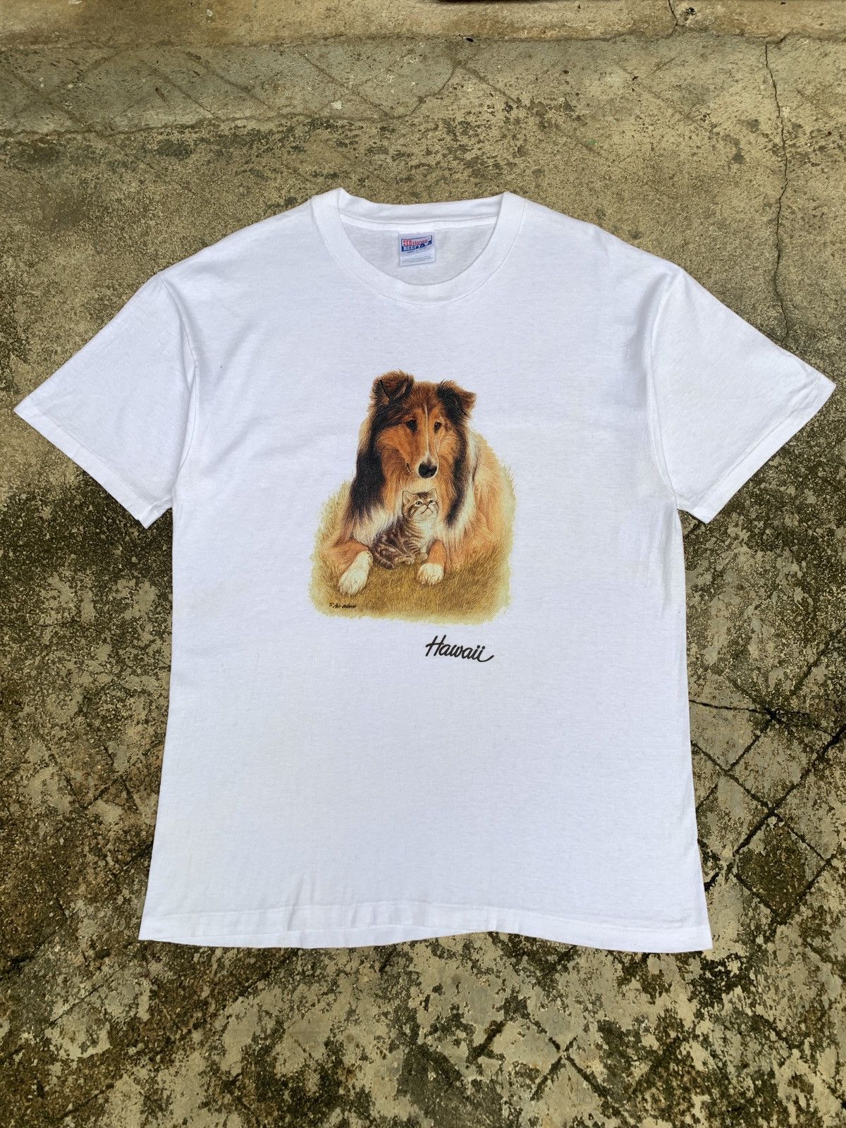 Vintage 1990s White Dog Cat Art by Air Waves Hawaii State Tee Size US L / EU 52-54 / 3 - 1 Thumbnail