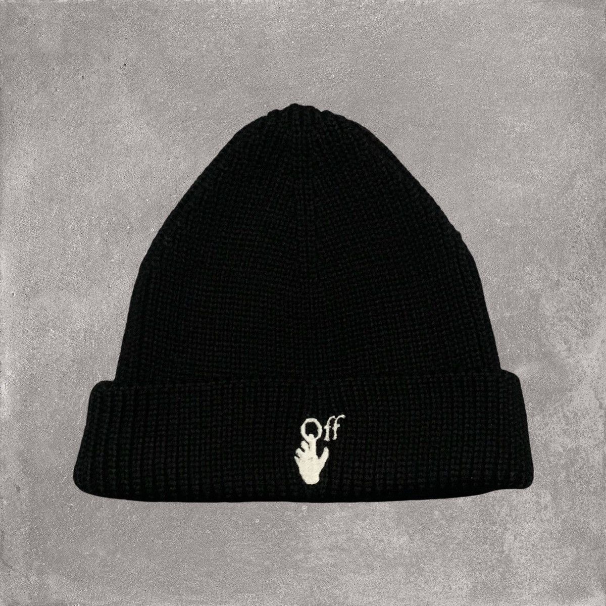 image of Off White Beanie Wool Hand Rib Black Hat, Men's
