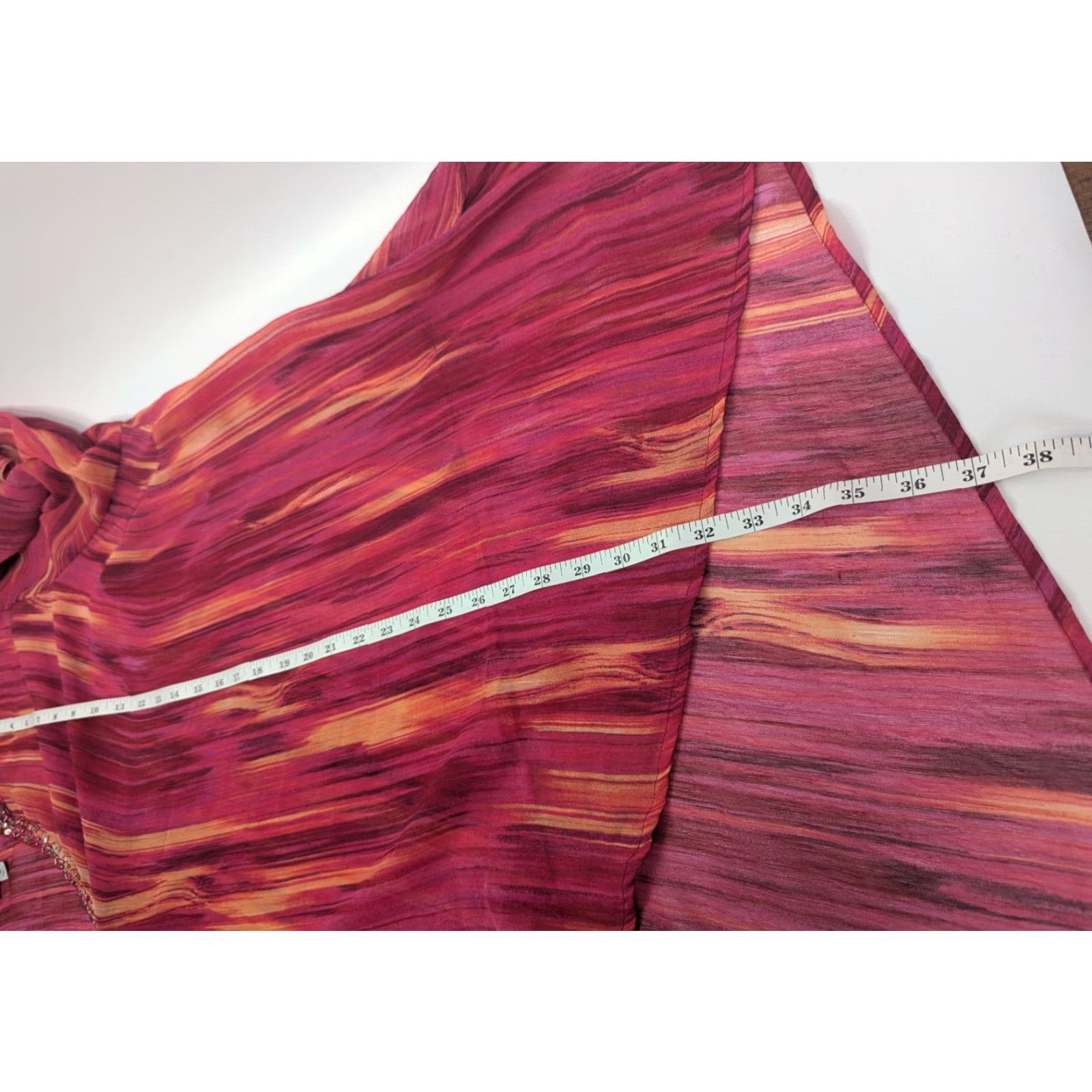 Vintage Catherines Pink Burst Ikat Texture Beaded Sequin Tunic Top 4X Pink Red Chiffon Long Sleeve V-Neck Pullover Blouse Plus Size Women Mens? Size XXL / US 16-18 / IT 52-54 - 4 Thumbnail