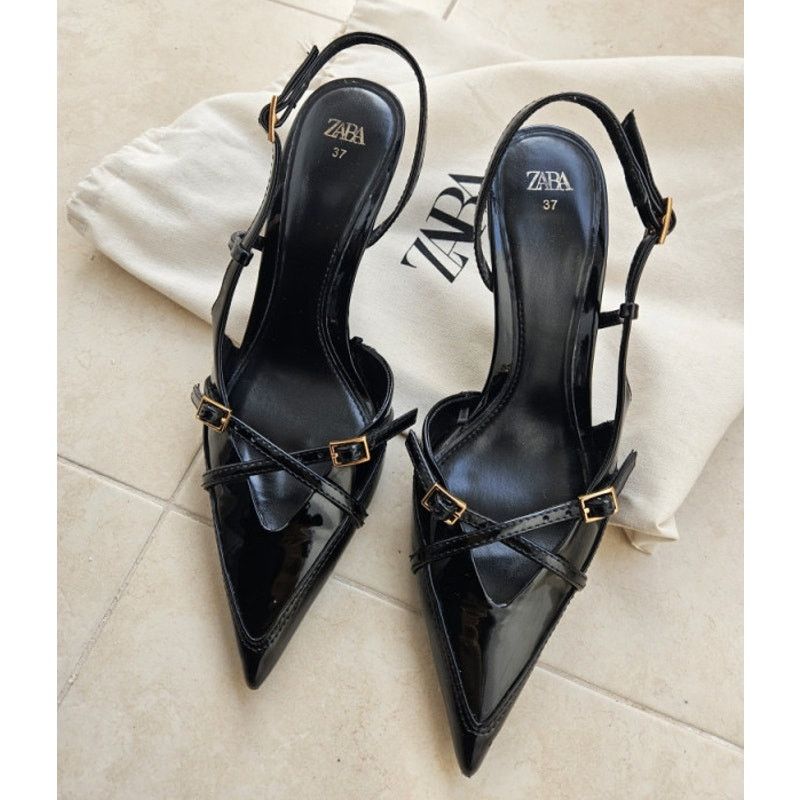 Zara Zara Black Pointed Toe Slingback Heels NWT Size US 7.5 / IT 37.5 - 14 Thumbnail
