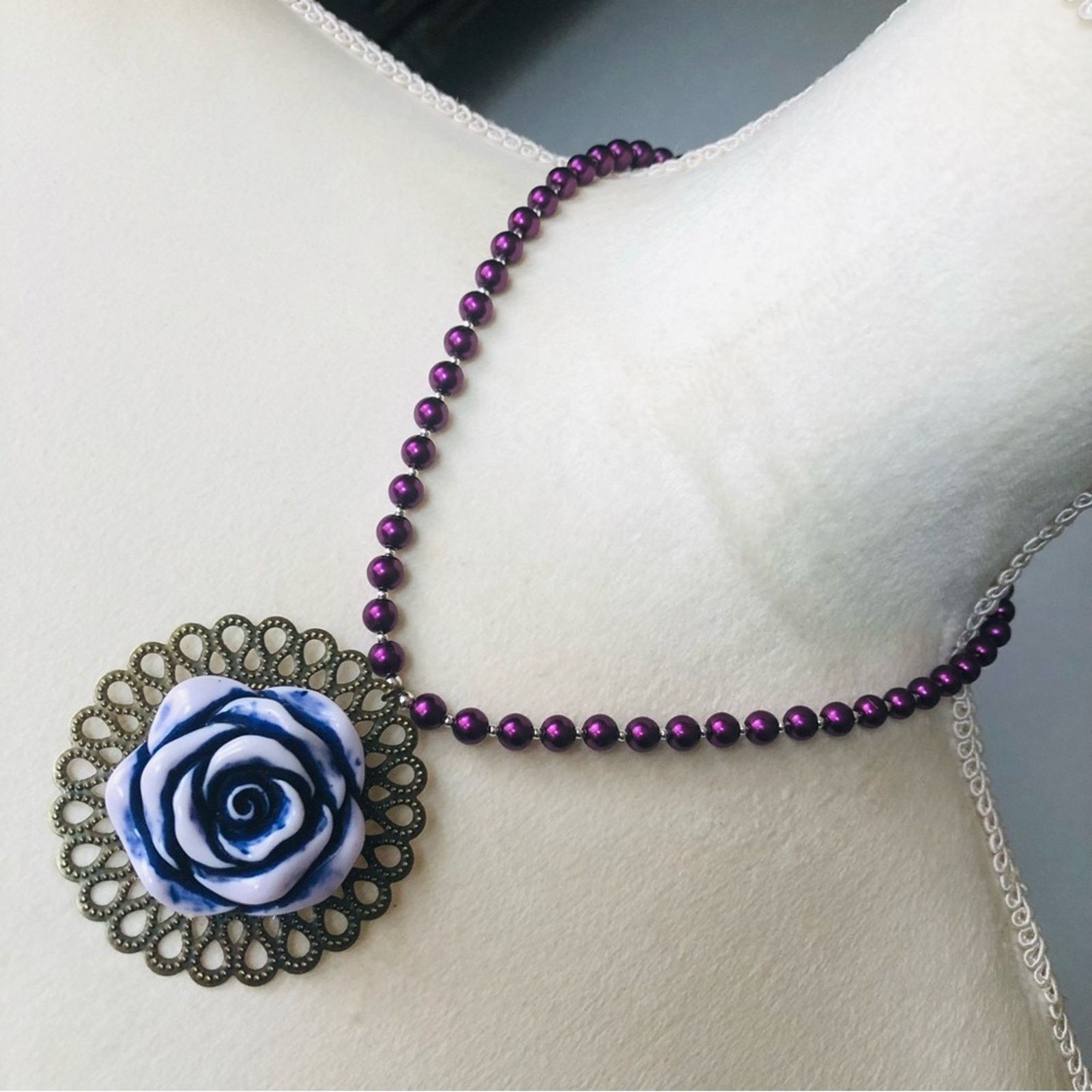 Handmade Handcrafted repurpose purple rose pendant Pearl necklace Size ONE SIZE - 1 Thumbnail