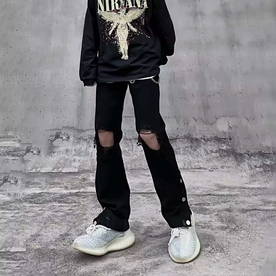 Japanese Brand × Vintage Ripped Jeans Men Streetwear Black Hole Denim Pants Size US 27 - 1 Thumbnail