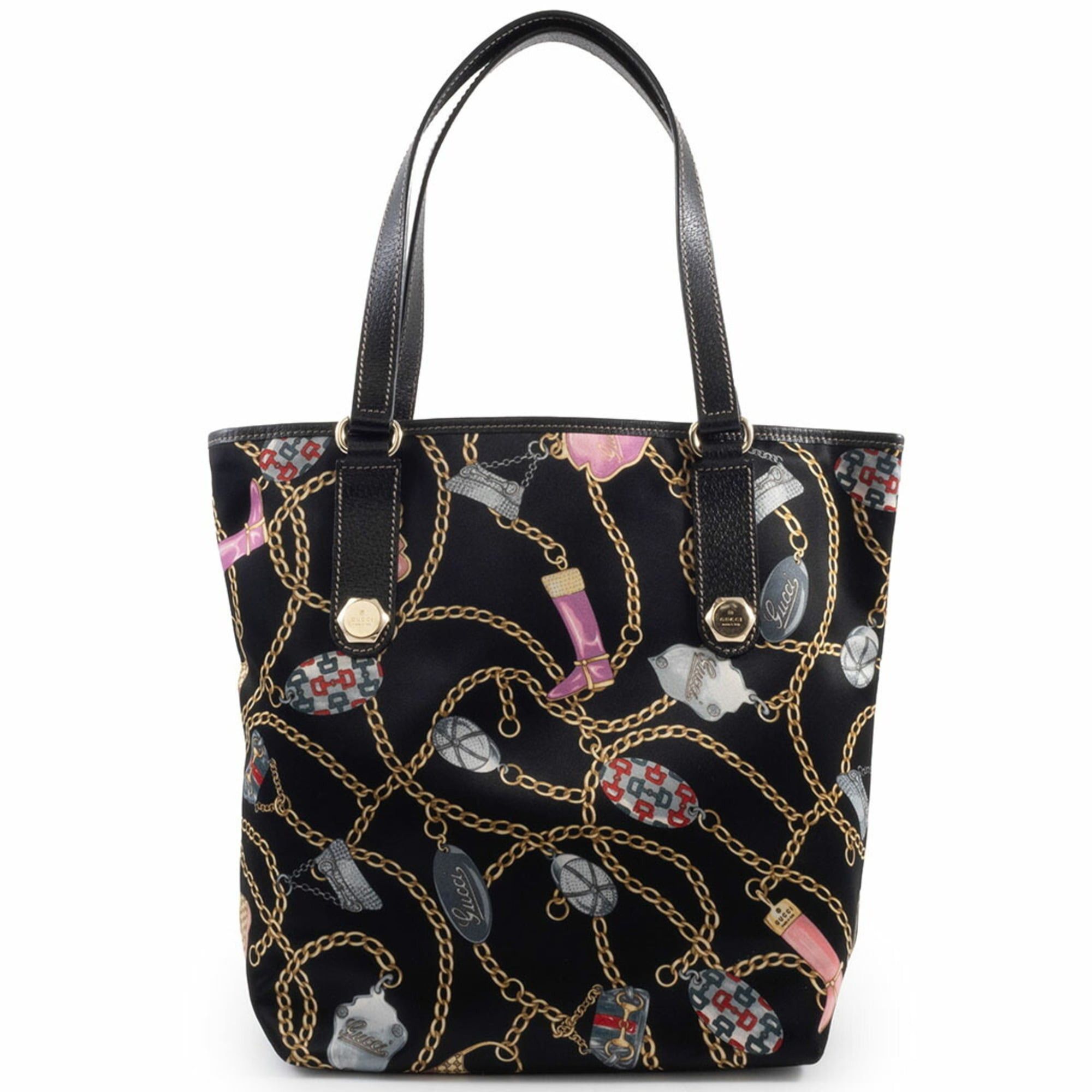 Gucci Gucci Tote Bag Satin 153009 Silk Leather Multicolor Chain Icon Black Size ONE SIZE - 1 Thumbnail