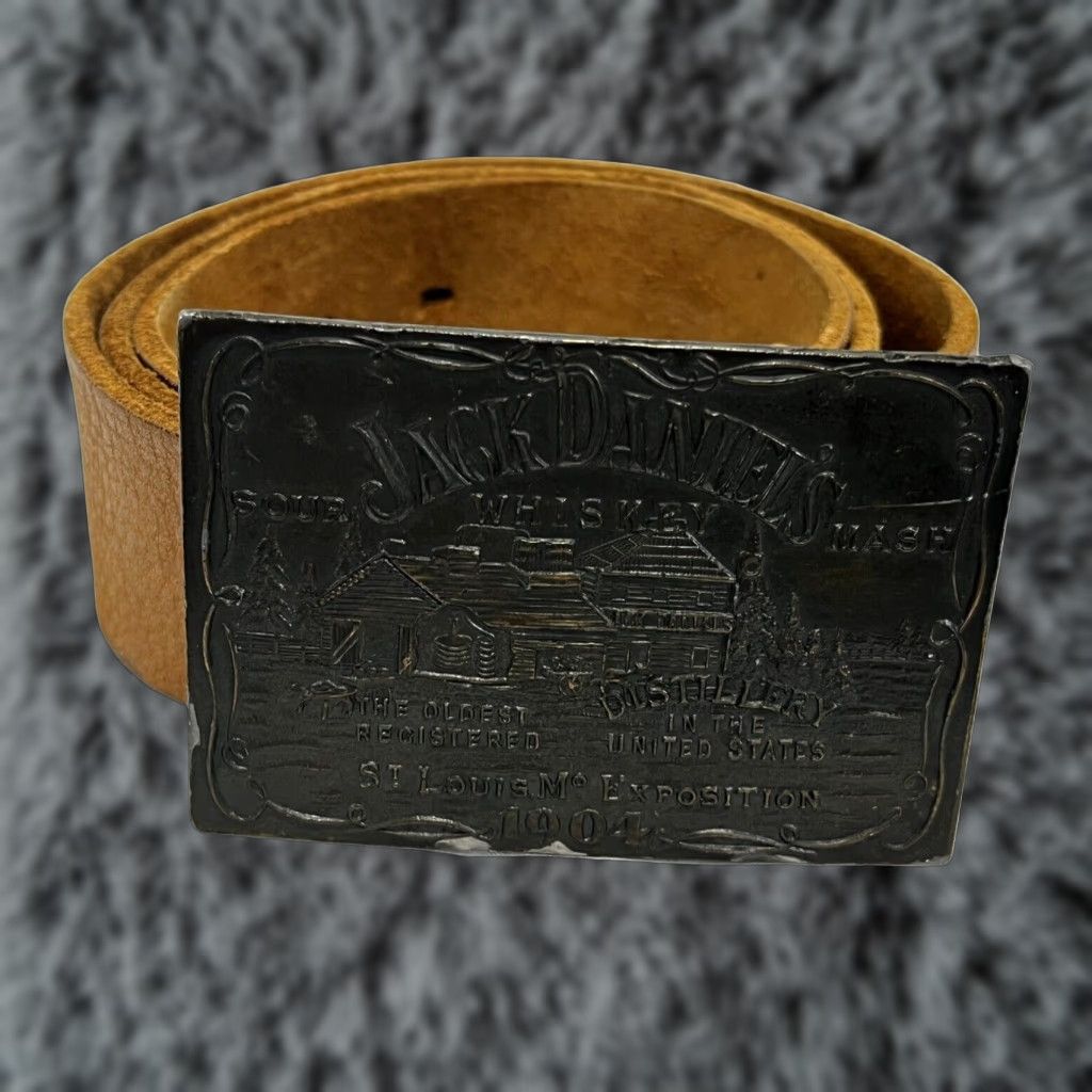 Vintage Mens Leather Belt, Jack Daniels Buckle, Brown, 36-40", Brown Leather Belt Mens Size ONE SIZE - 1 Thumbnail