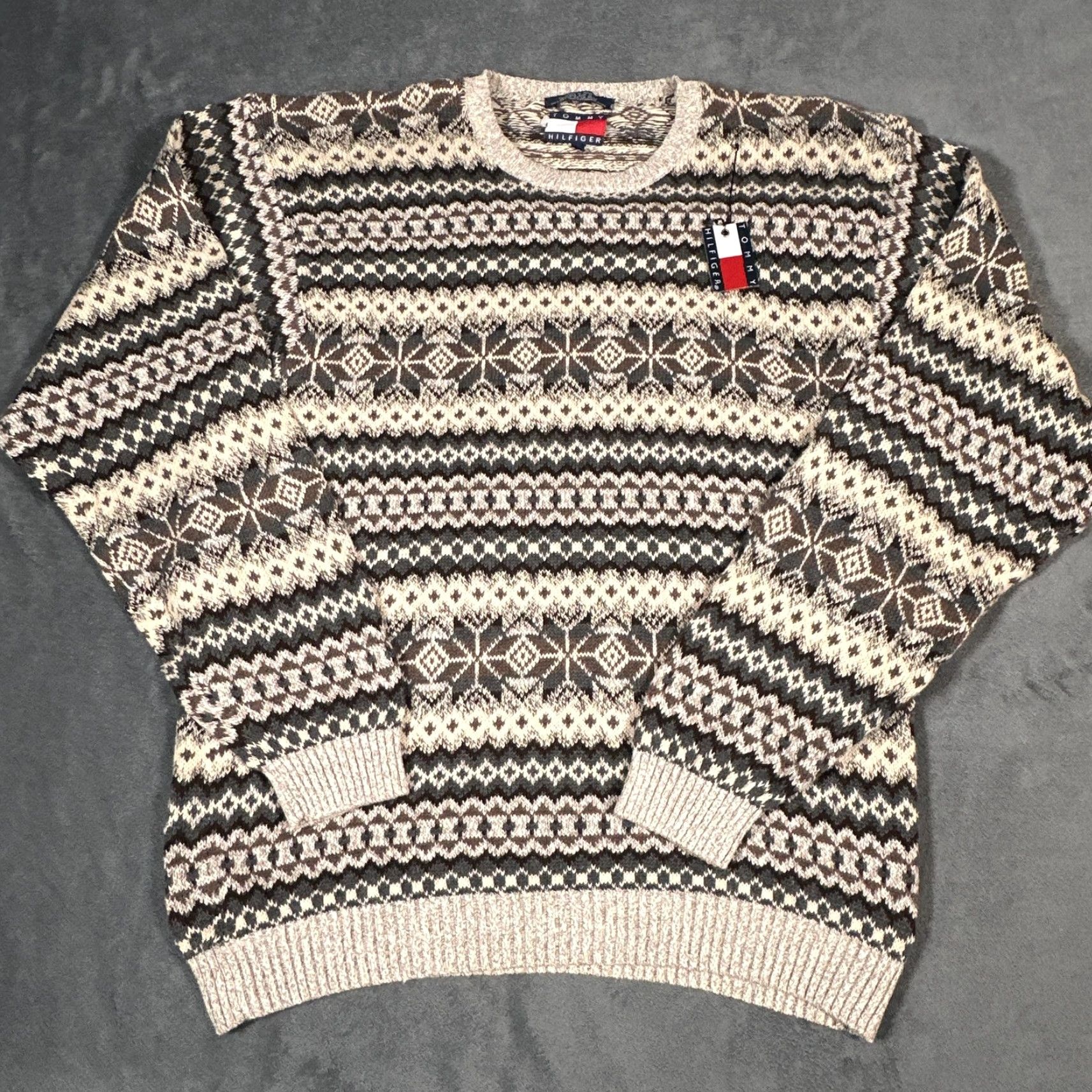 Tommy Hilfiger VINTAGE Tommy Hilfiger Sweater Mens XL Beige Fair Isle Cotton Crewneck Pullover Knit Size US XL / EU 56 / 4 - 7 Thumbnail
