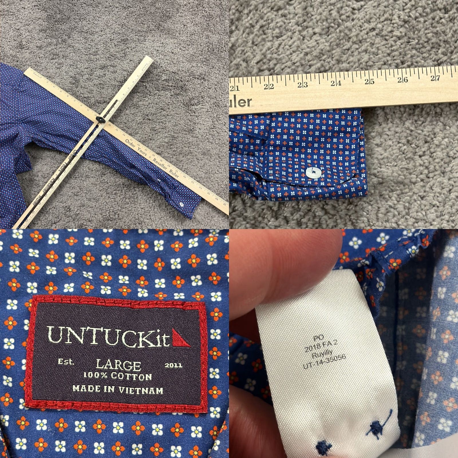 UNTUCKit UNTUCKit Shirt Mens M Blue Floral Button Up Long Sleeve Pockets Cotton Ruyilly Size US M / EU 48-50 / 2 - 8 Thumbnail