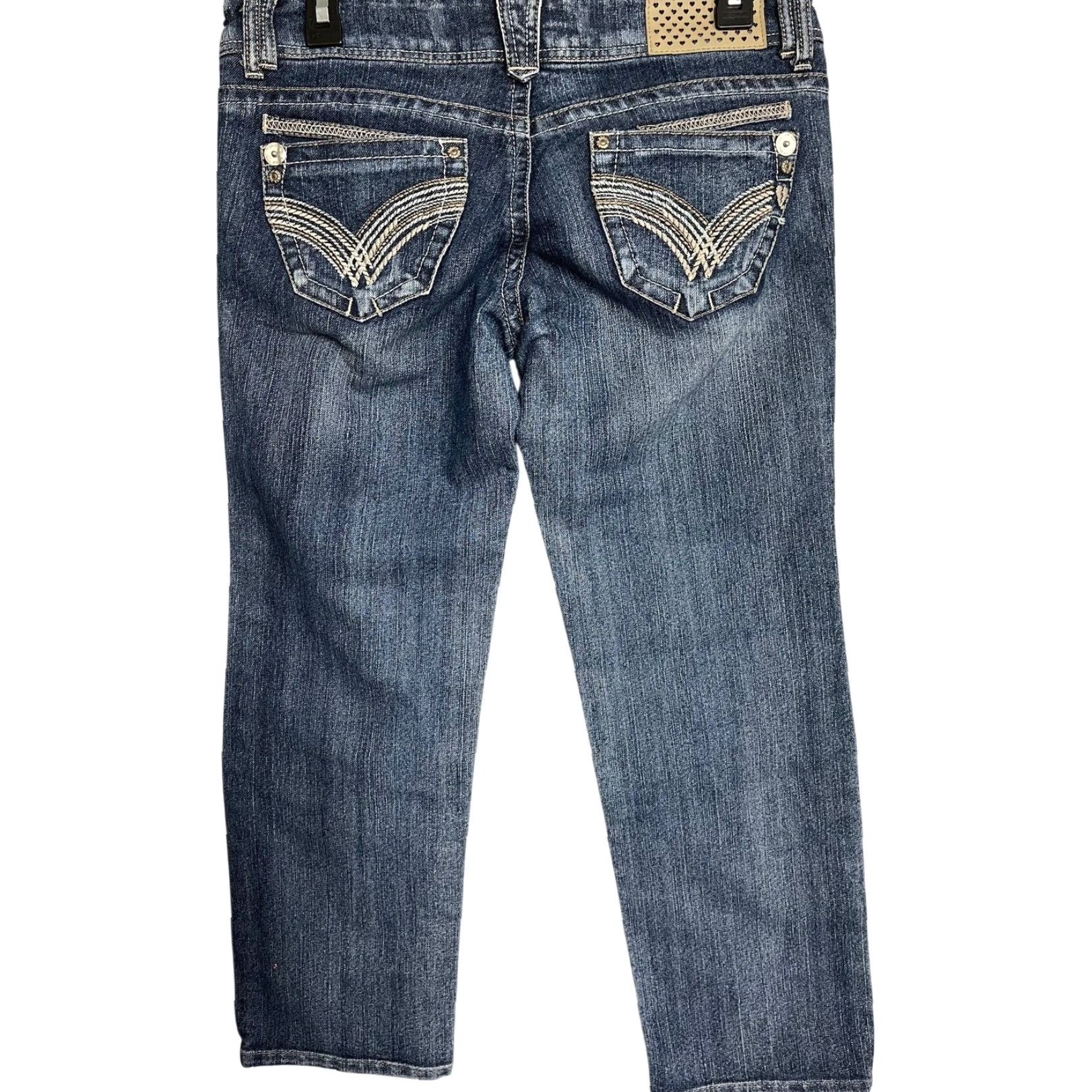 Denime Sequin Hearts Cropped Jeans Women Juniors 5 Blue Denim Low Rise 32in Waist 25.5in Inseam 5-Pocket Size 27" / US 4 / IT 40 - 2 Thumbnail
