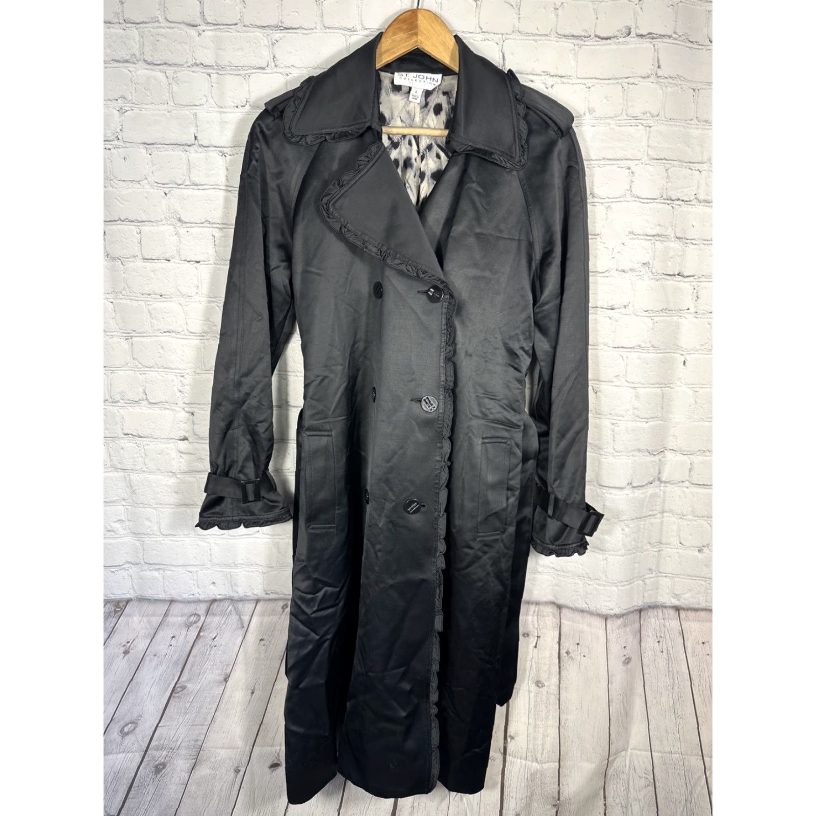 VINTAGE St. John Trench Coat Coat Long Black Ruffles Belted Whimsy Boho Designer Women 2
