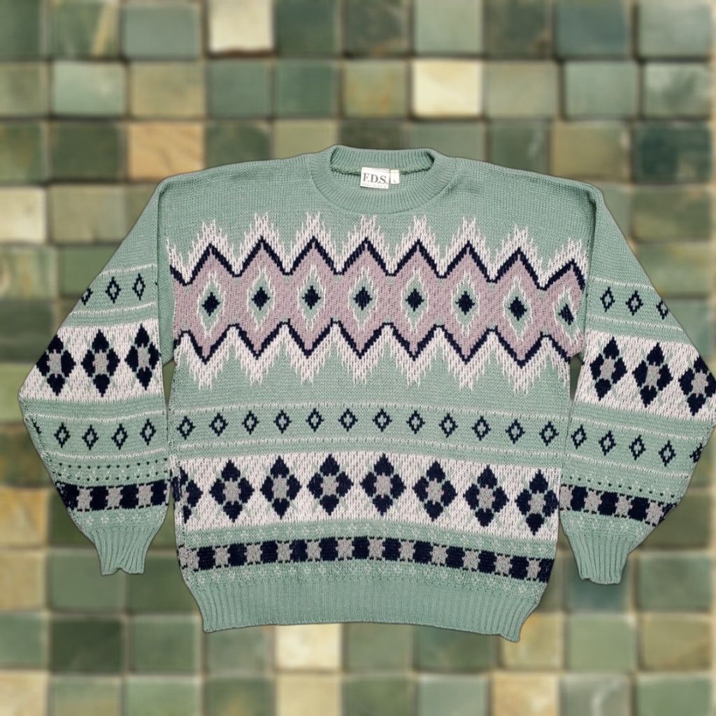 Vintage VINTAGE FDS Sweater Men L Green Diamond Geometric Grandpa Core Boxy Y2K 90s Crew Neck Knit Pullover Casual Mens Size US L / EU 52-54 / 3 - 1 Thumbnail