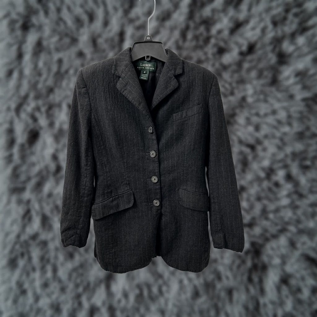 Ralph Lauren VINTAGE Lauren Ralph Lauren Blazer Womens 8 Black Worsted Wool Pinstripe Single-Breasted Three-Button Sleeve Tailored Business Casual Winter Fall Size M / US 6-8 / IT 42-44 - 1 Thumbnail