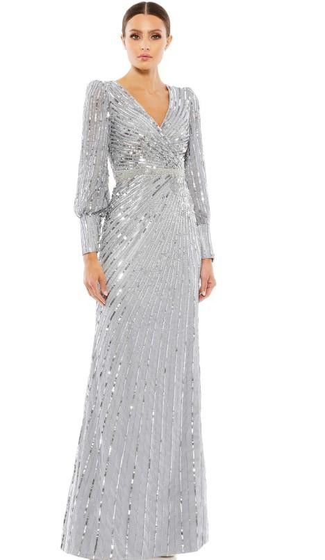 Image of Designer (5) NWT Mac Duggal Sequined Wrap Over Bishop Sleeve Gown, 12 in Silver, Women's (Size XL)