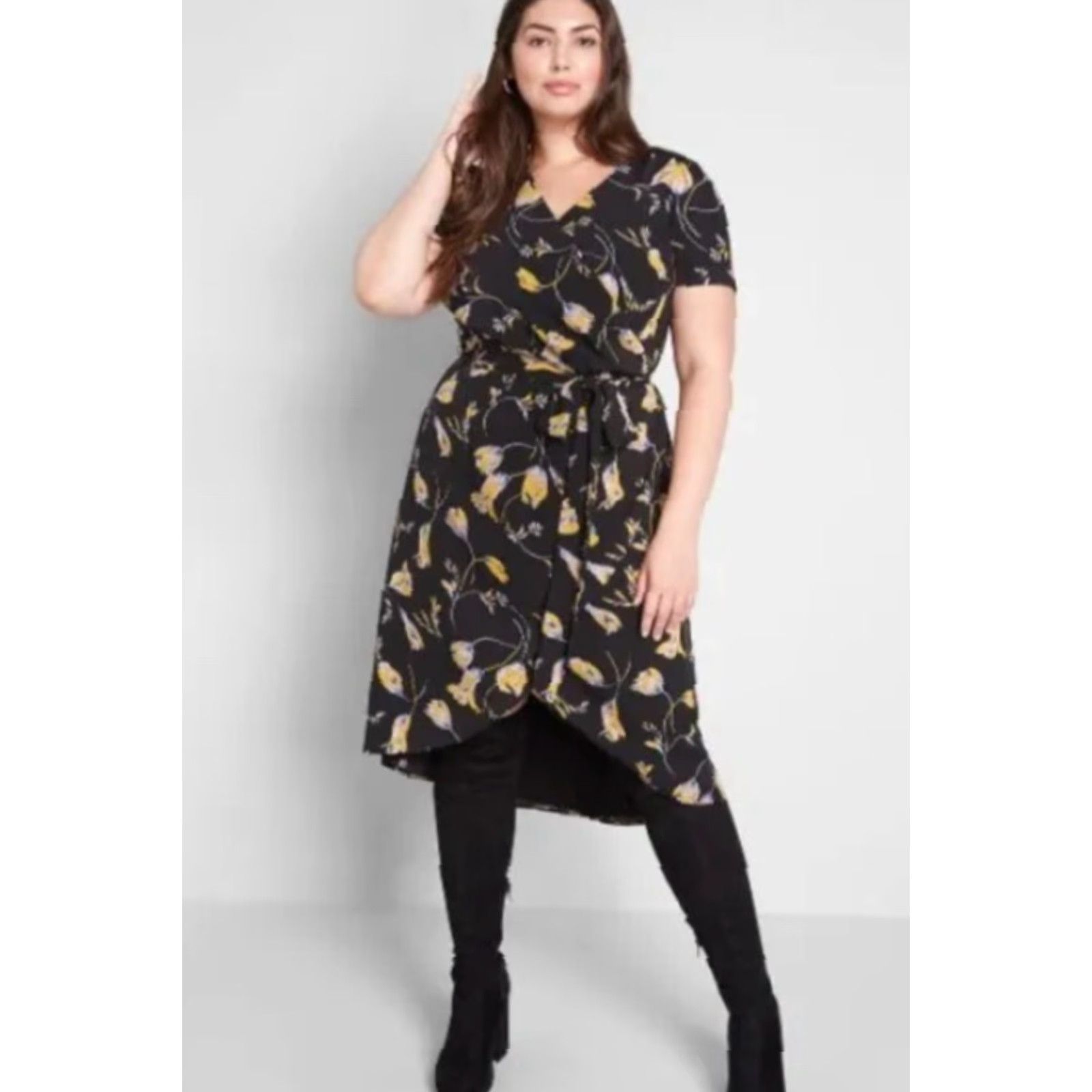 Vintage MODCLOTH POETIC PRESENCE FAUX WRAP BLACK YELLOW FLORAL DRESS Sz 3XL Size XXL / US 16-18 / IT 52-54 - 4 Thumbnail